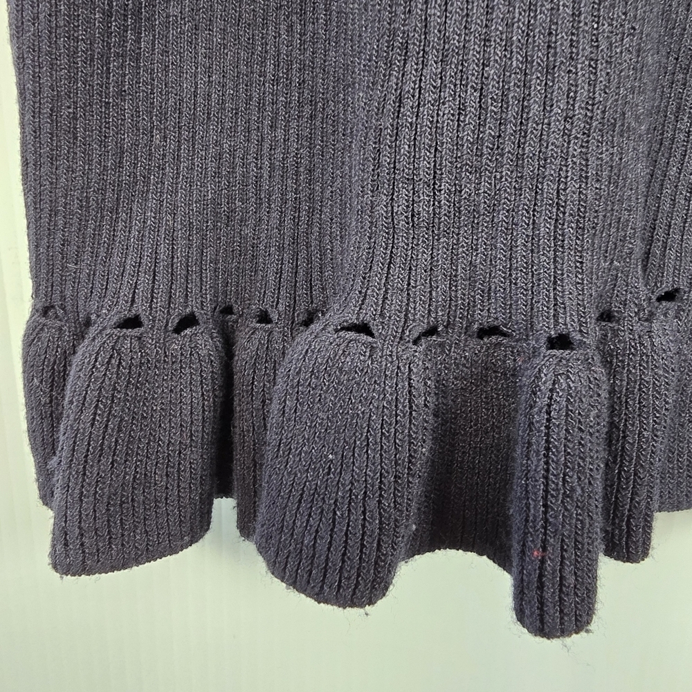 Voy Womens Navy Ribbed Short Puff Sleeve Sweater With White Bows Ruffle Size L - Picture 9 of 13